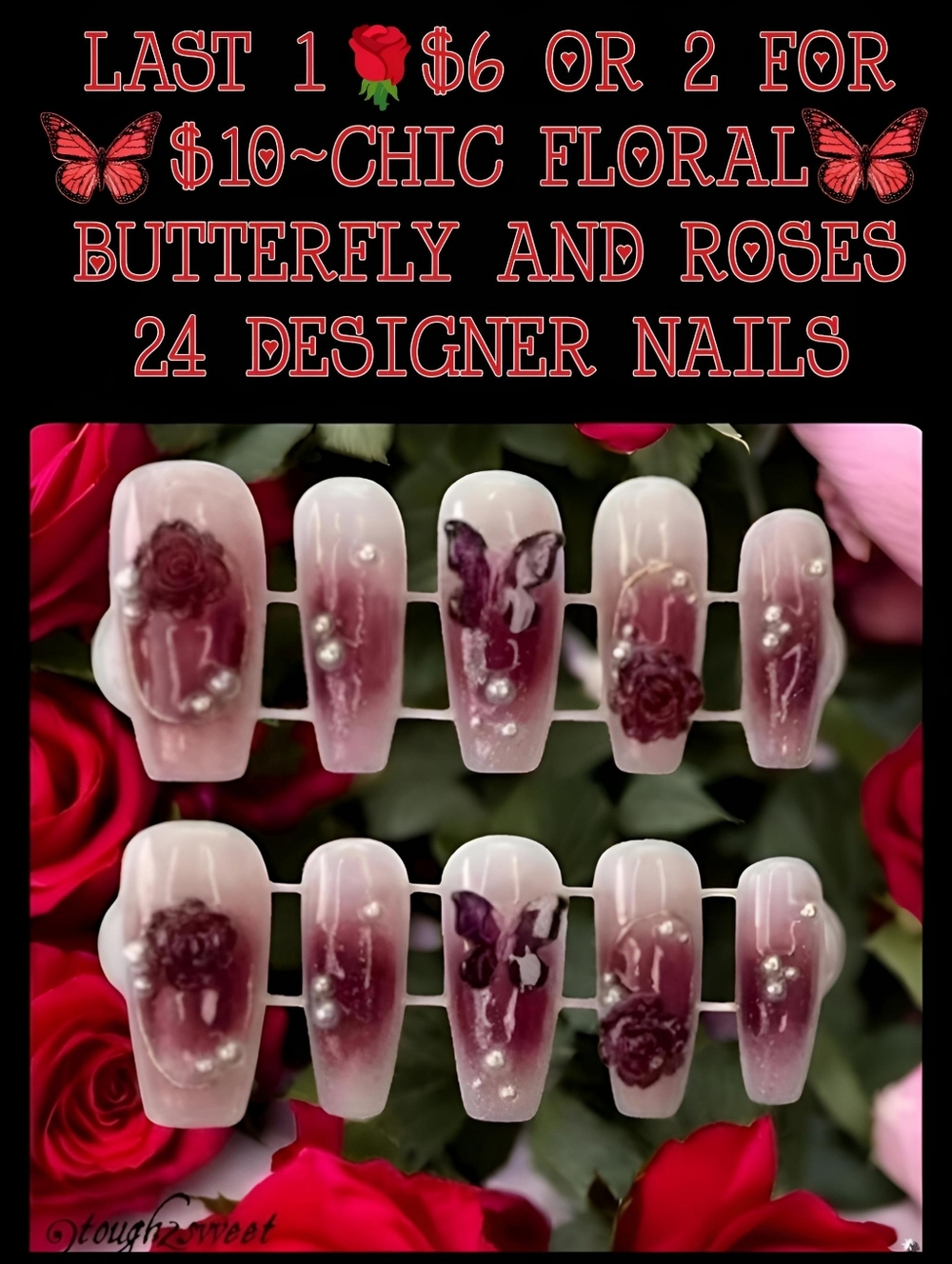🆕LAST 1🌹$6 OR 2 FOR $10~CHIC FLORAL BUTTERFLY AND ROSES 24 DESIGNER NAILS
